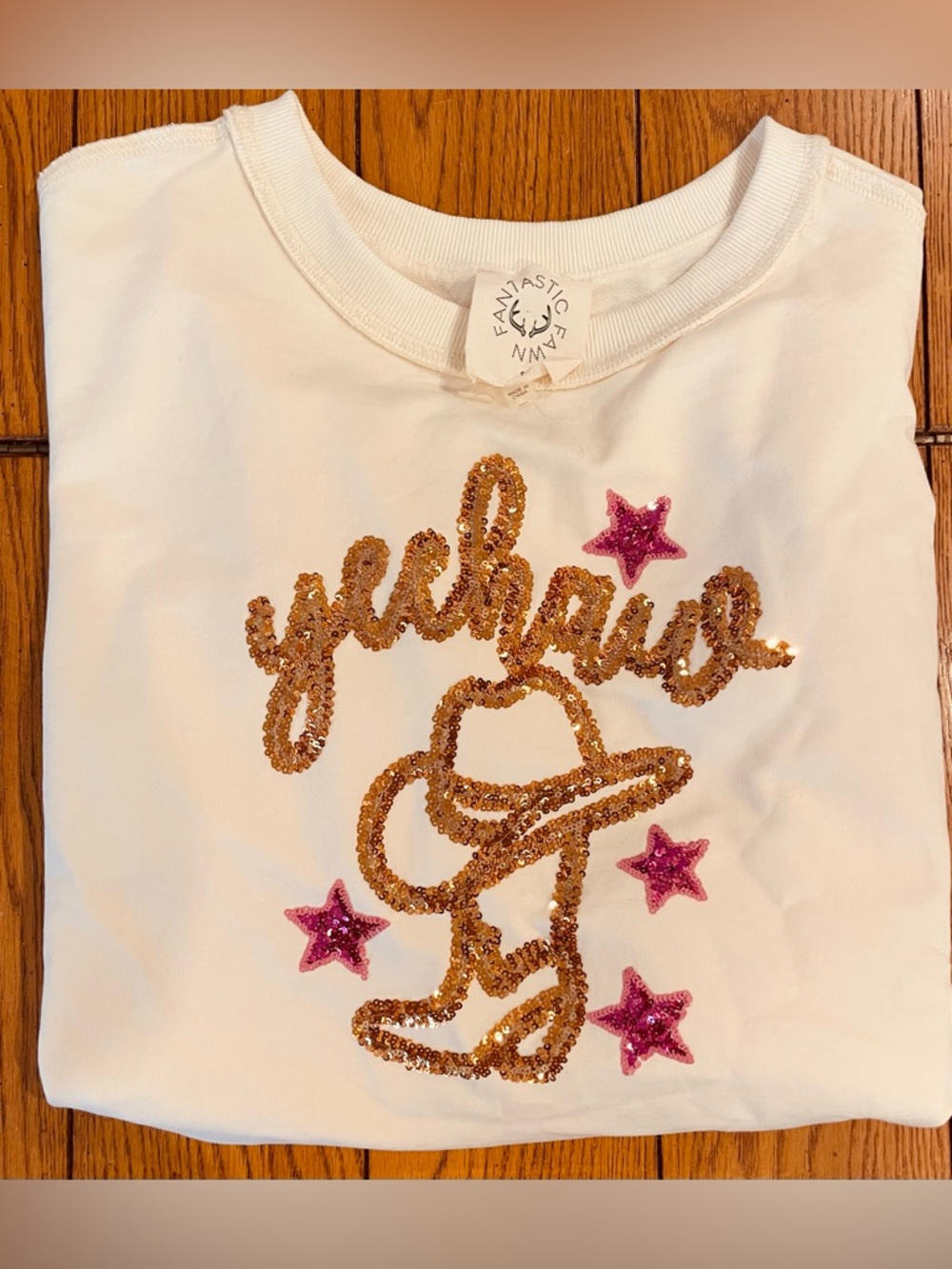 Fantastic Fawn Yeehaw sequined short sleeve top, over sized, cream, size small